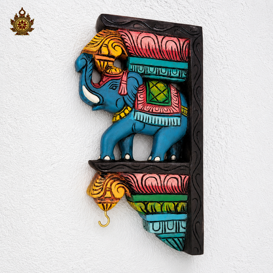 Chettinad Full Elephant Wall Bracket / Corbel Blue Mahogany Wood Carving Traditional Indian Handcrafts Ethnic Decor (Single)