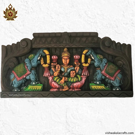 Goddess Gajalakshmi Blue Eliphants Wooden Wall Panel