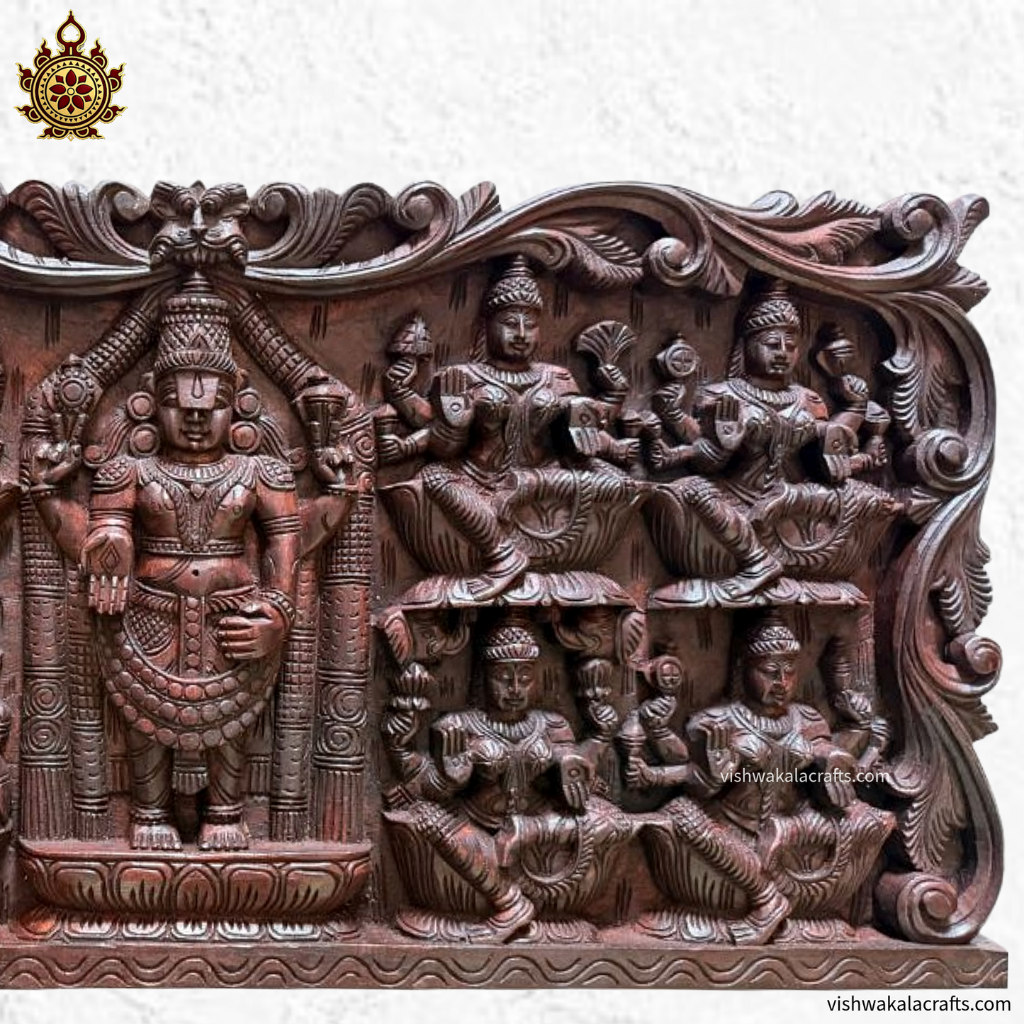 Ashtalakshmi With Balaji-Hand Carved-Wooden Wall Panel