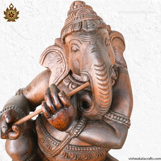 Wooden Handcrafted Flute Playing Ganesha Statue 19''