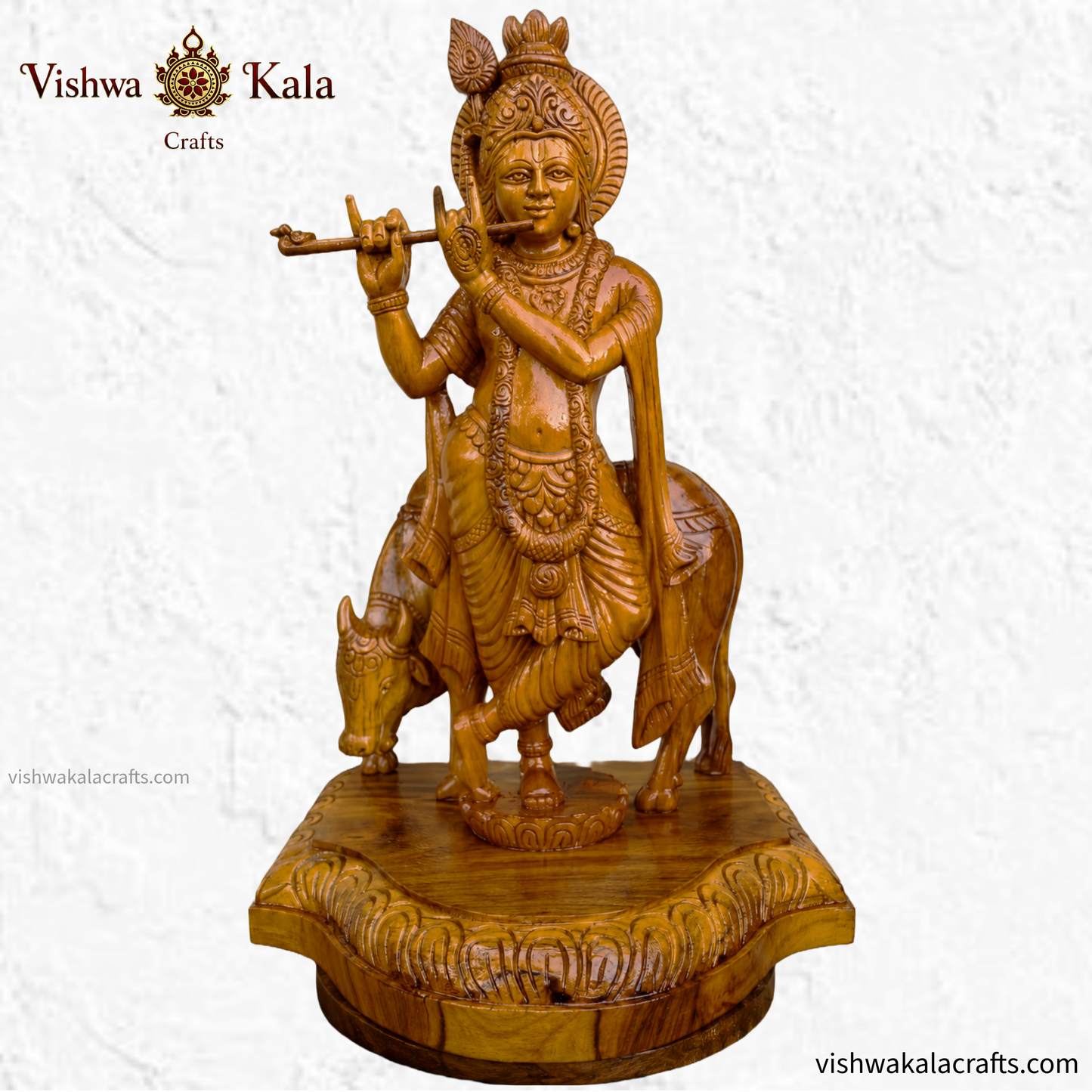 Handcrafted Wooden Lord Krishna with Cow Sculpture (2.5 feet)