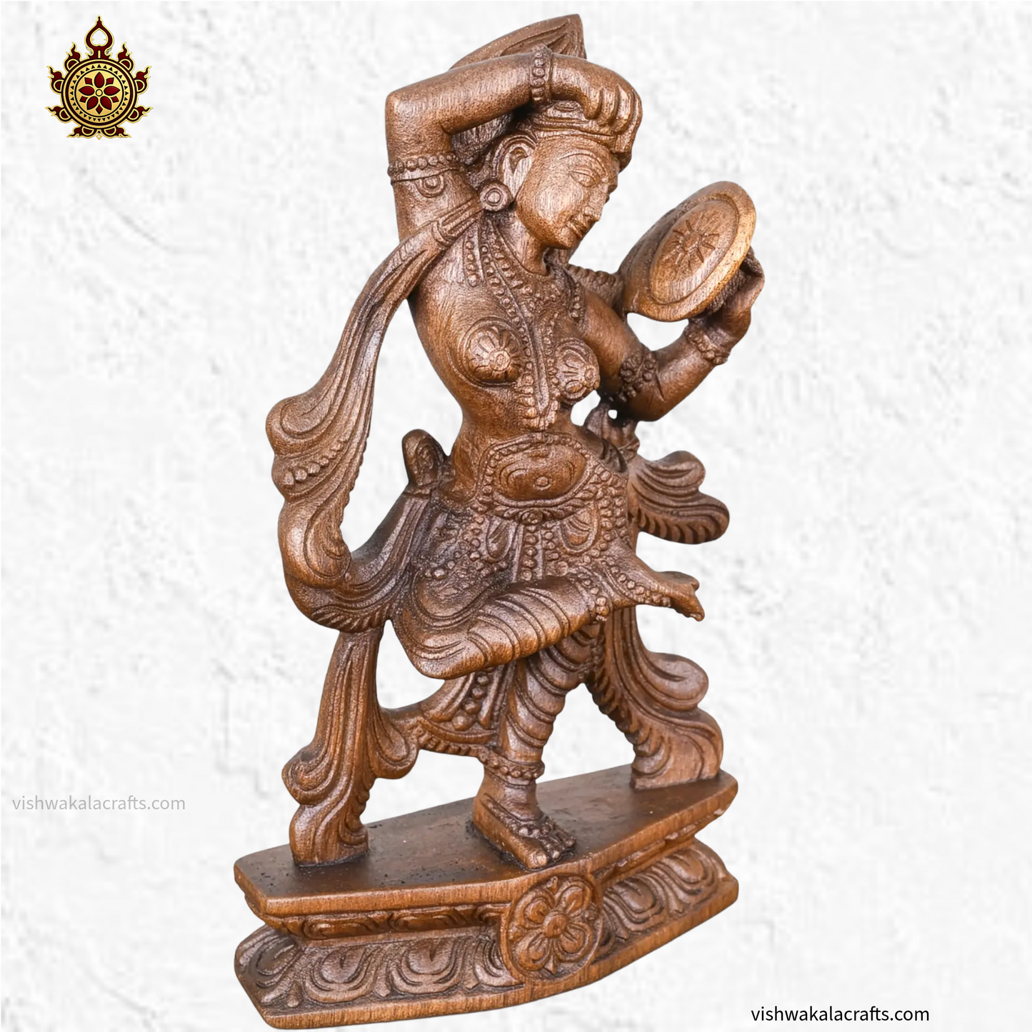 Handcrafted Wooden Apsara Looking into Mirror Sculpture (13 Inches)