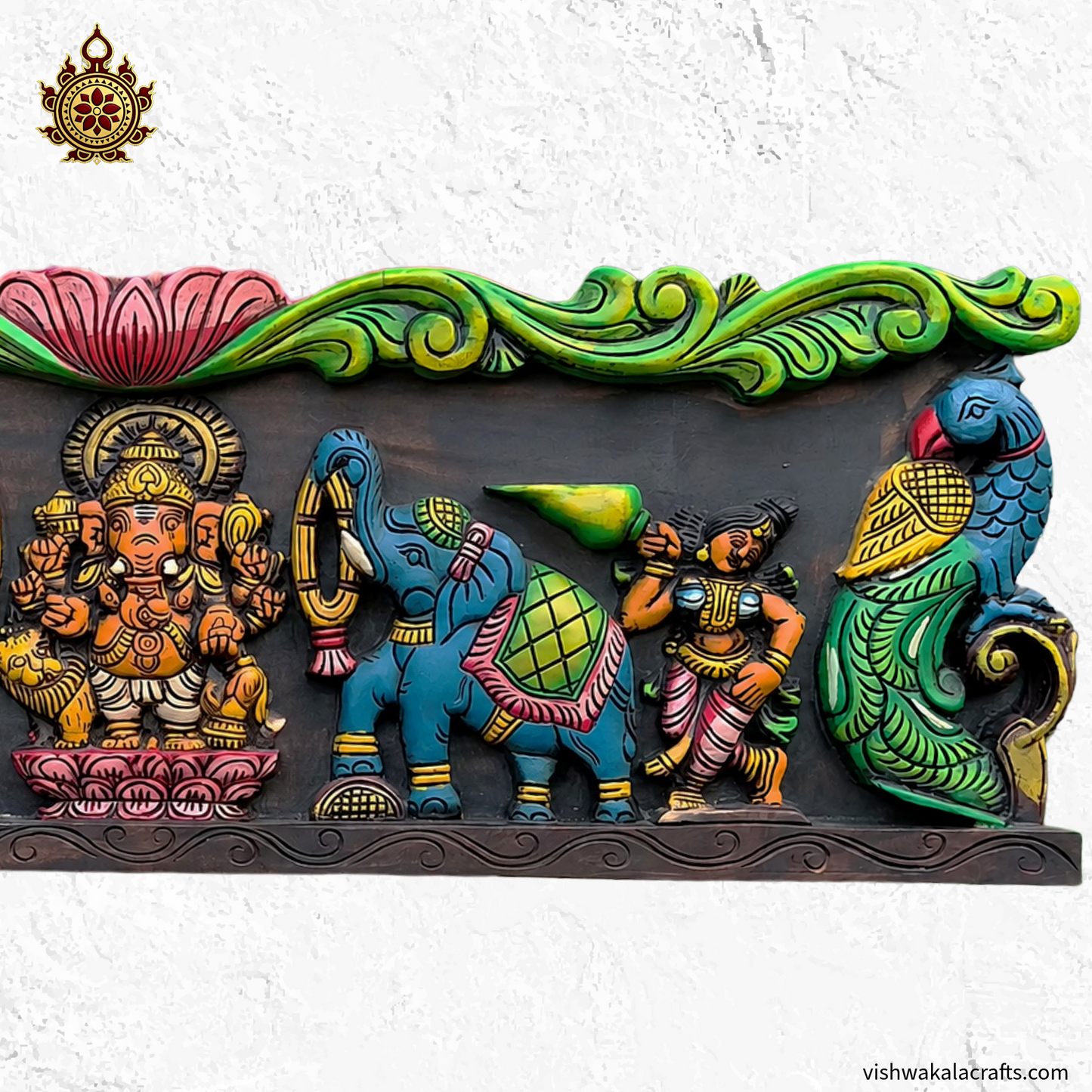 Ganesha With Lion, Elephants and Peacocks 36'' Wall Panel