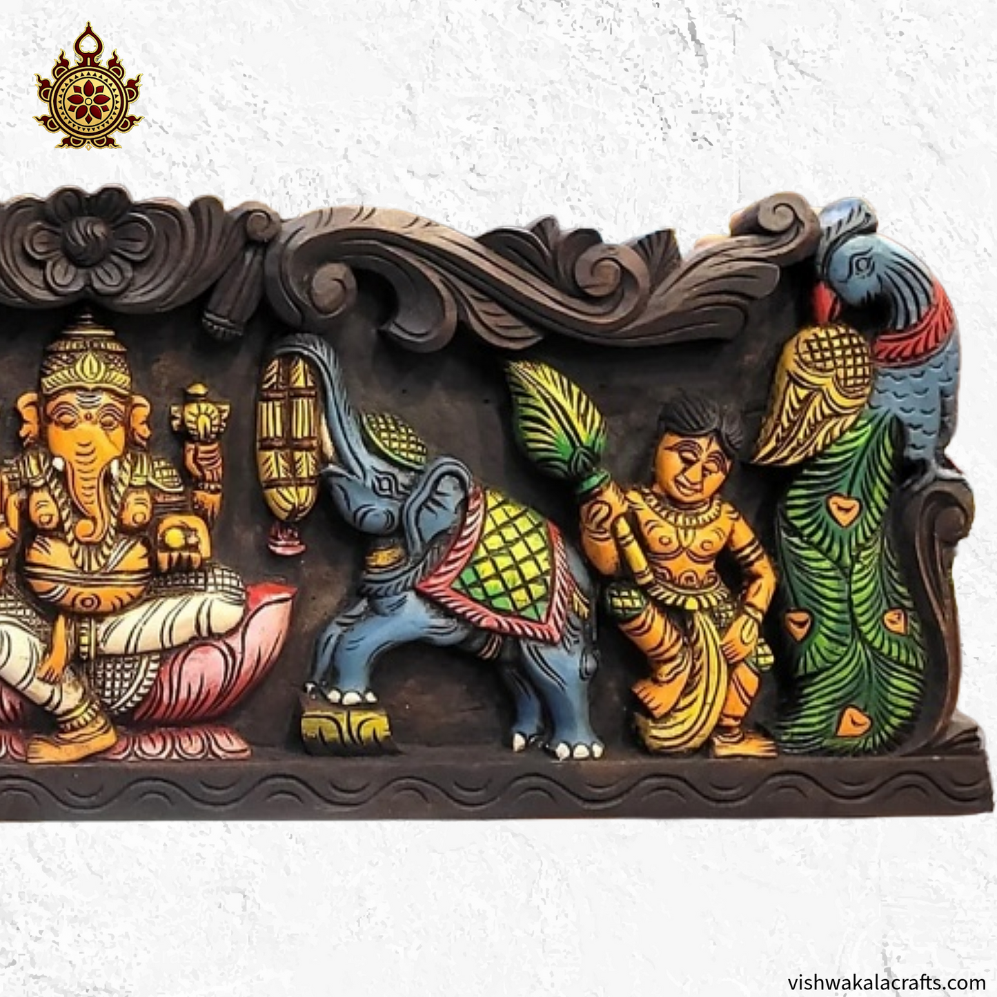 Gaja Ganesha With Double Peacock & Elephant Wall Panel