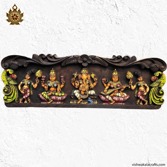 Ganesha Lakshmi Saraswathi With Double Parrot Wooden Wall panel