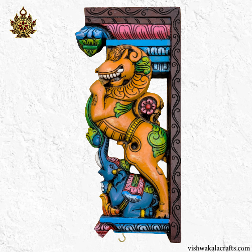 Yali / Yazhi with Blue Elephant Wall Bracket-Corbel Dark Orange Yali wood carving (18x9x3) Inches (Single)