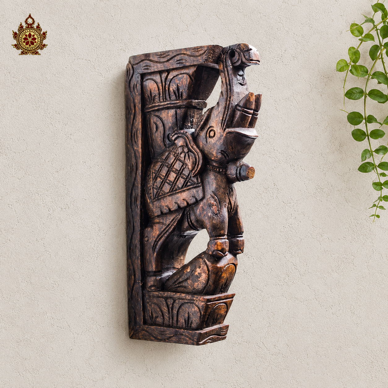 Elephant trunk up wall bracket corbel rosewood colour wood carving wall hanging decor south indian chettinad handcarved handicraft (Single)