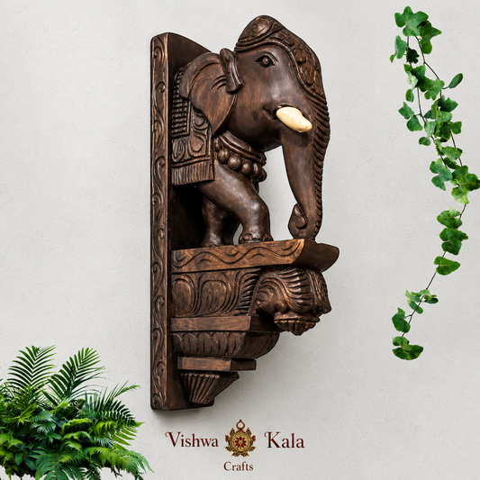 Handcarved Mahogany Elephant Bracket - Multicolour Wall Corbel (Single)