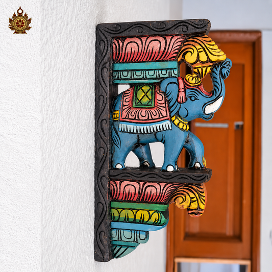 Chettinad Full Elephant Wall Bracket / Corbel Blue Mahogany Wood Carving Traditional Indian Handcrafts Ethnic Decor (Single)