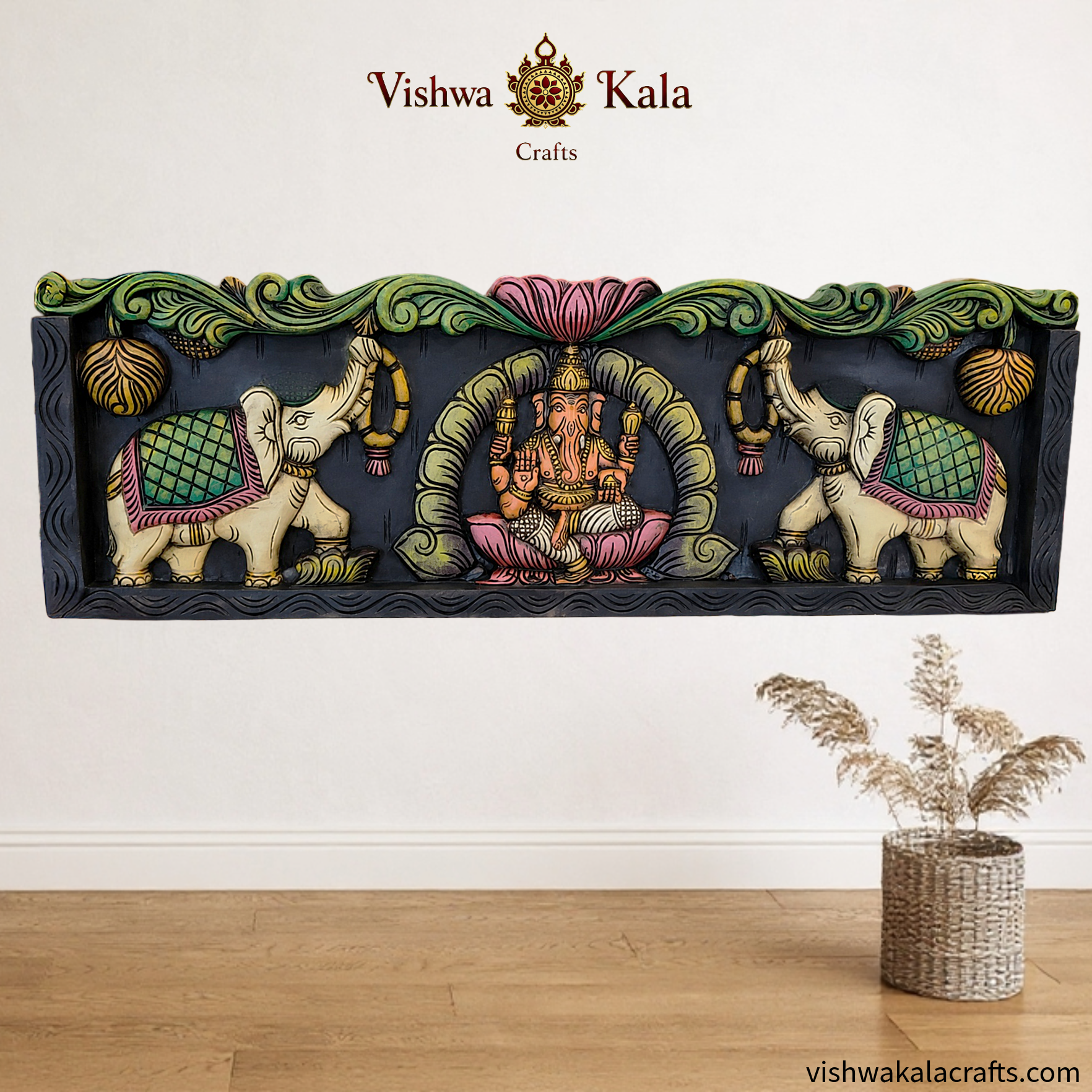 Gaja Ganesha wood carving wall panel 36 inches decor