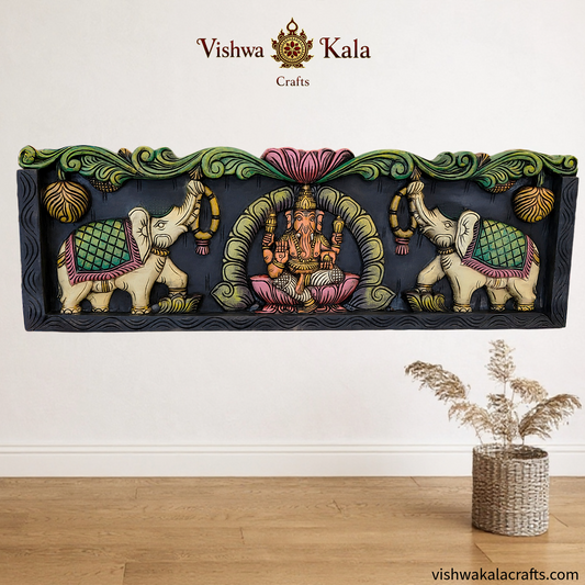Gaja Ganesha wood carving wall panel 36 inches decor