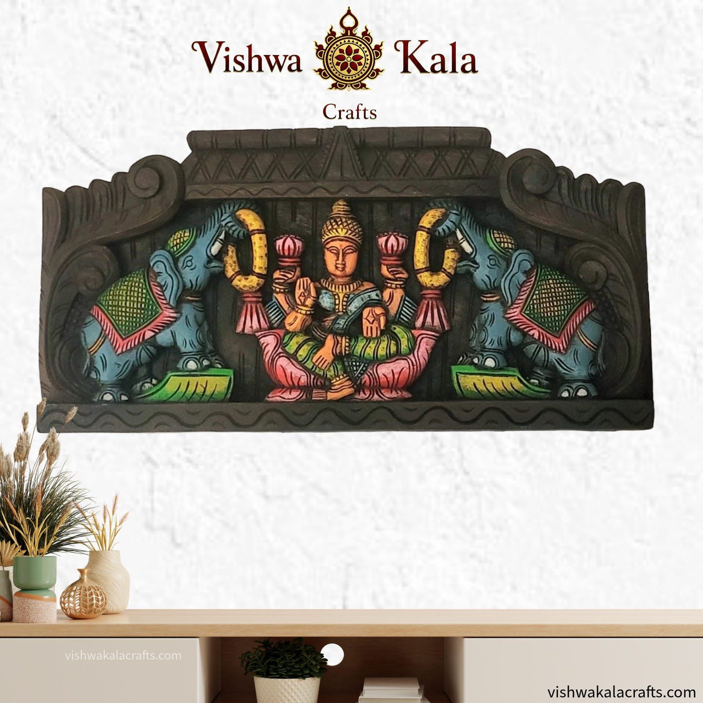 Goddess Gajalakshmi Blue Eliphants Wall Panel wooden