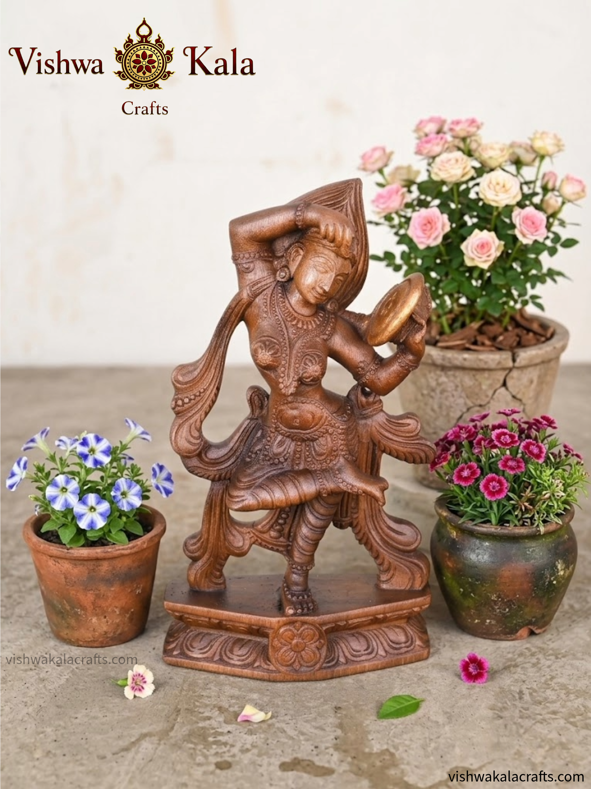 Handcrafted Wooden Apsara Looking into Mirror Sculpture (13 Inches)