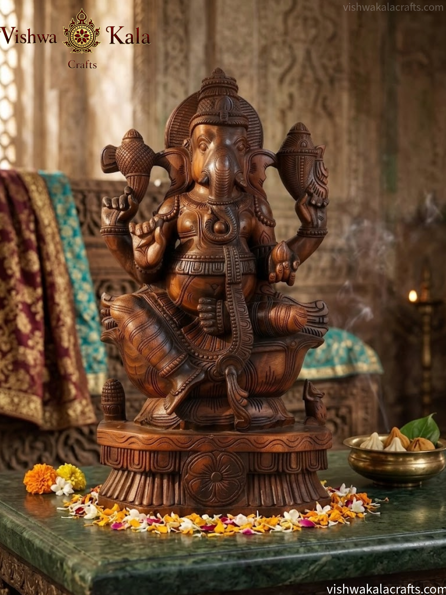 Handcrafted Wooden Lord Ganesha Sculpture 36''