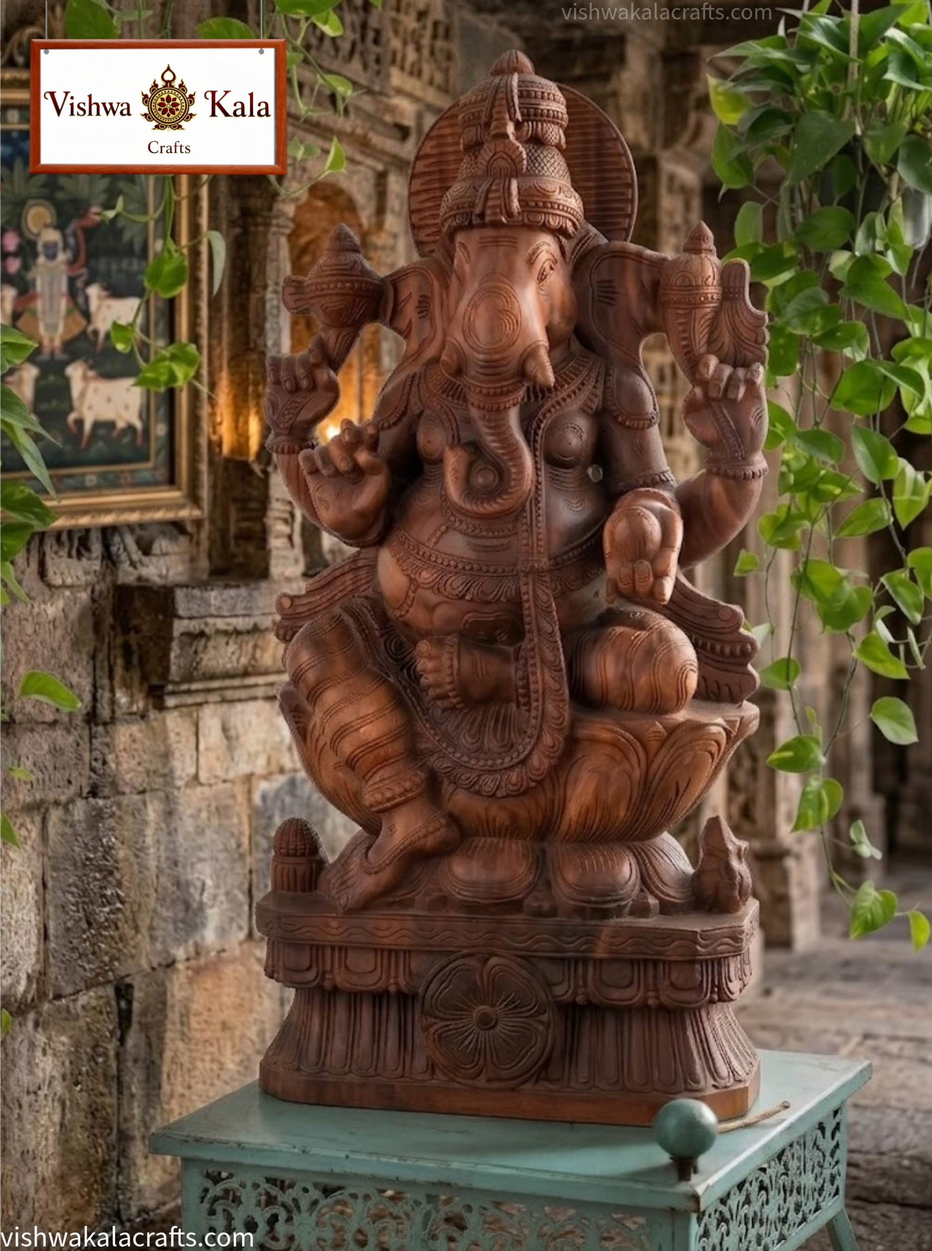 Handcrafted Wooden Lord Ganesha Sculpture 36''
