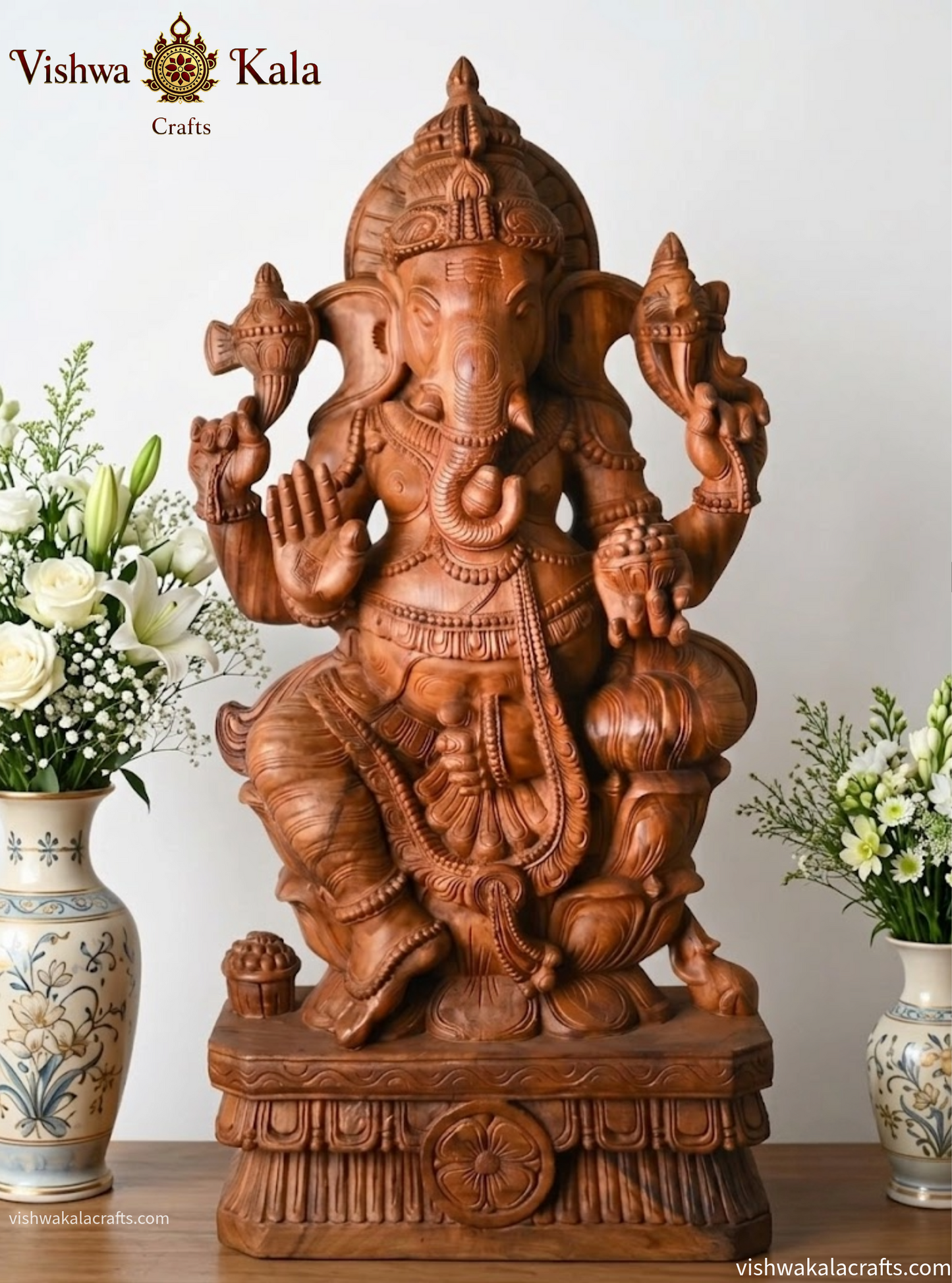 Handcrafted Wooden Seated Ganesha on Lotus Pedestal - Statue (3 feet)