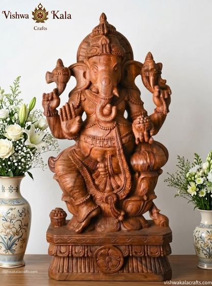Handcrafted Wooden Seated Ganesha on Lotus Pedestal - Statue (3 feet)