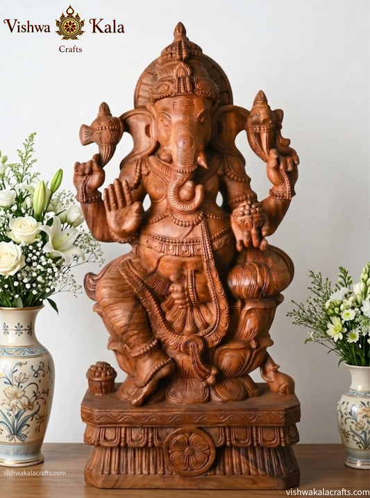 Handcrafted Wooden Seated Ganesha on Lotus Pedestal - Statue (3 feet)