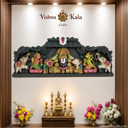 Lord VenkateswaTraditional Temple Artra Wooden Wall Decor,Premium Lord Venkateswara Decorative Wall Art with Elephants