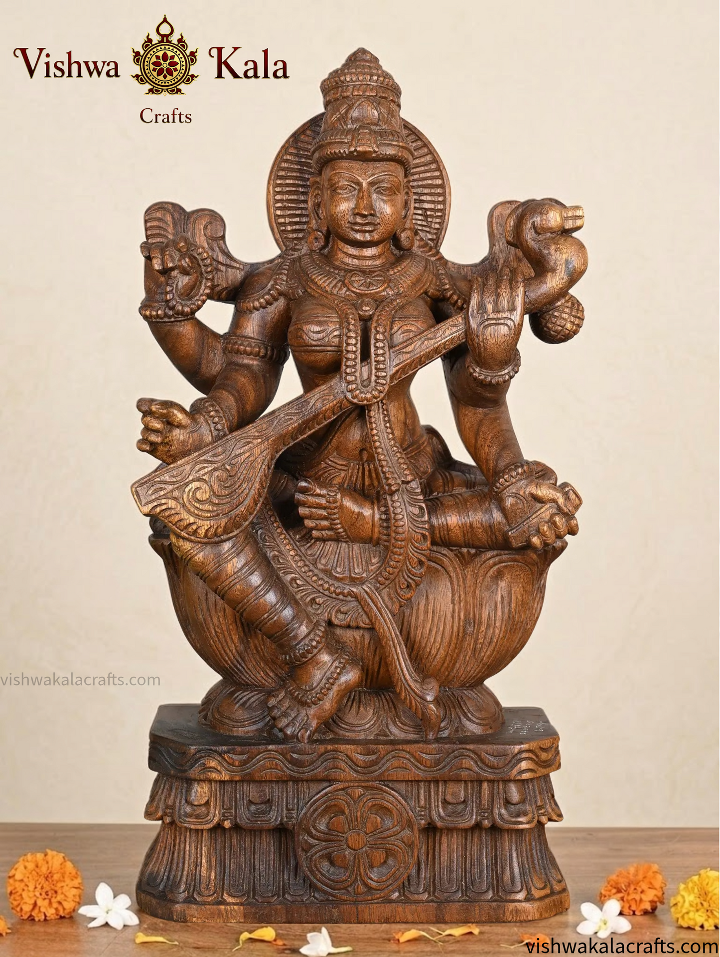 Saraswati Devi Wooden Handcarved statue