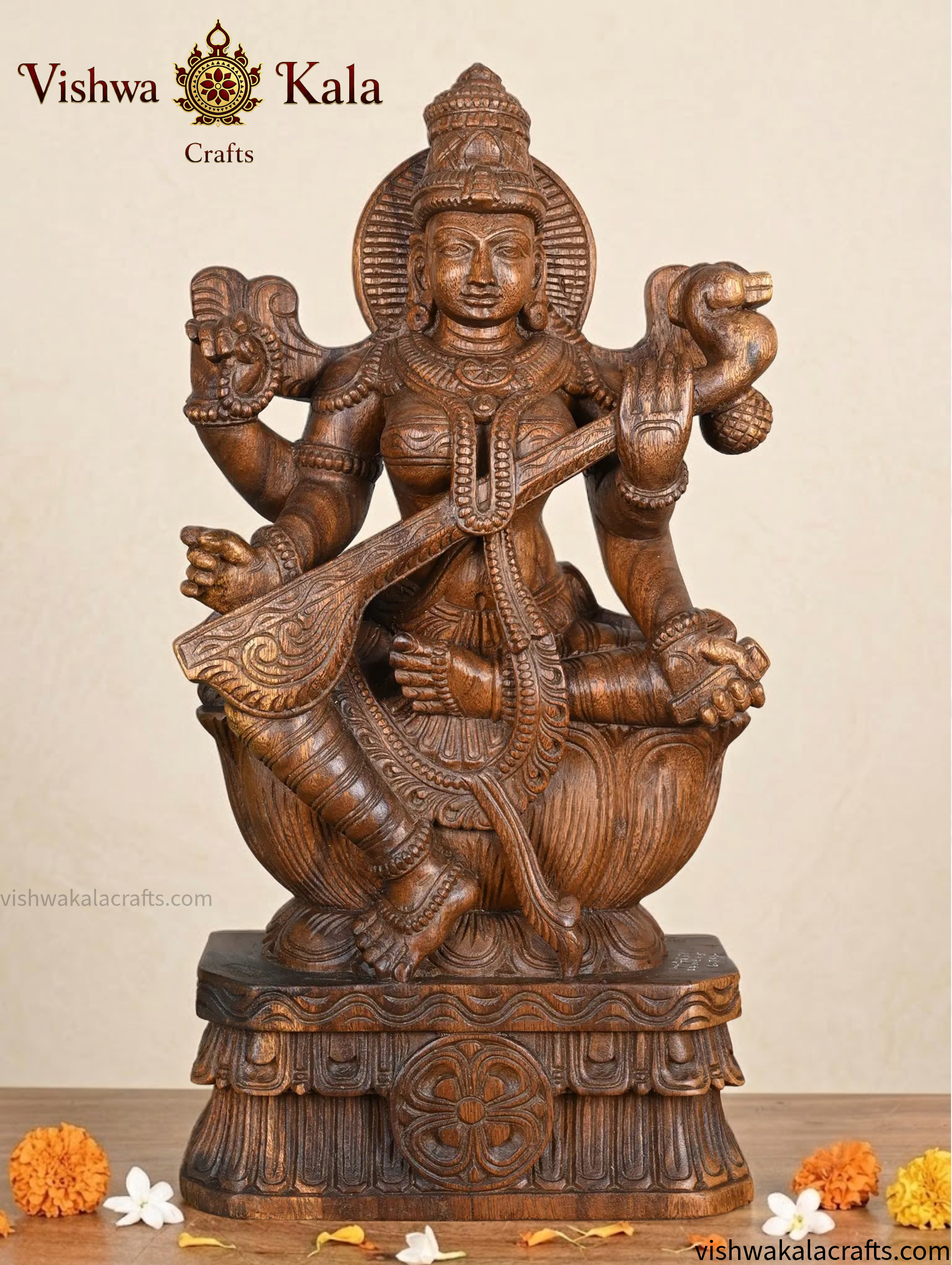 Saraswati Devi Wooden Handcarved statue