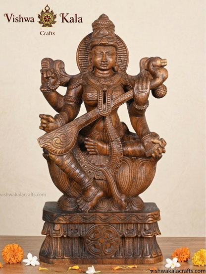 Saraswati Devi Wooden Handcarved statue