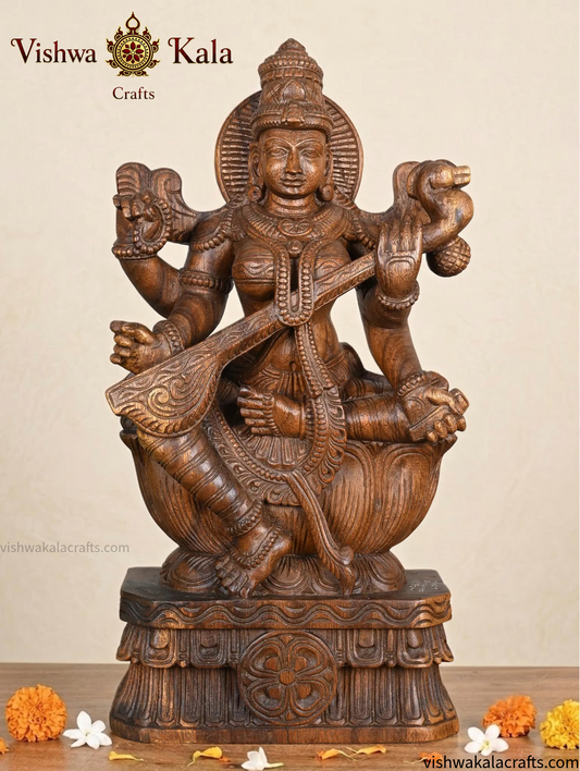 Saraswati Devi Wooden Handcarved statue