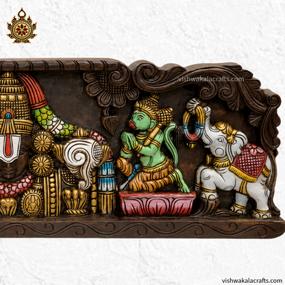 Lord Balaji With Garudan & Hanuman Wooden Wall Panel