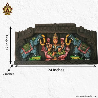 Goddess Gajalakshmi Blue Eliphants Wooden Wall Panel