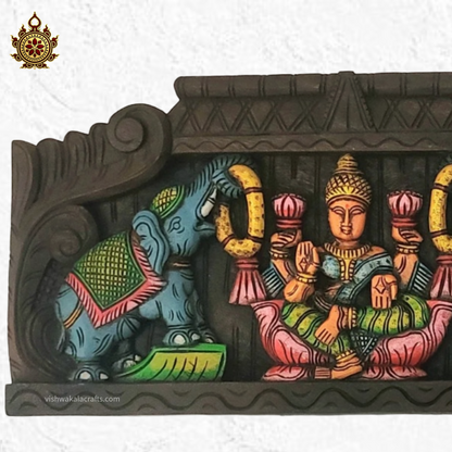 Goddess Gajalakshmi Blue Eliphants Wooden Wall Panel