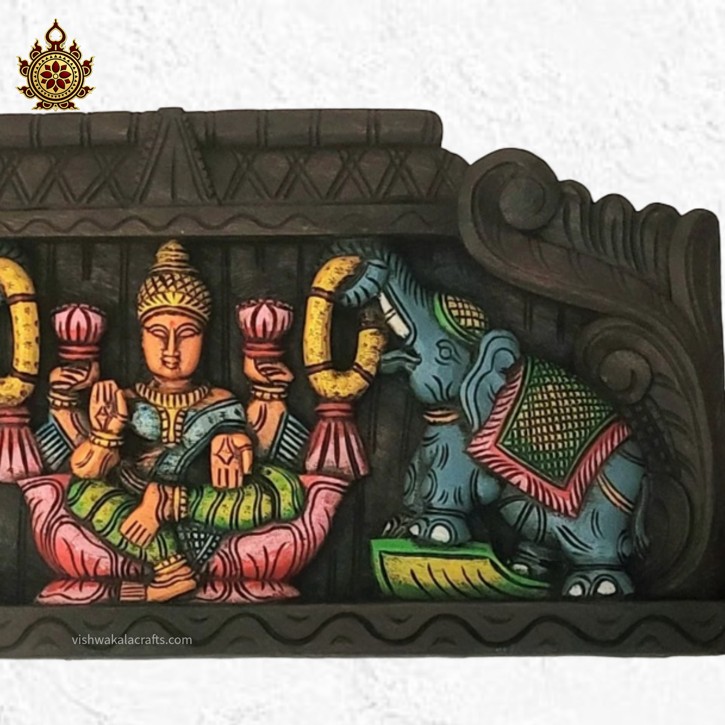 Goddess Gajalakshmi Blue Eliphants Wooden Wall Panel