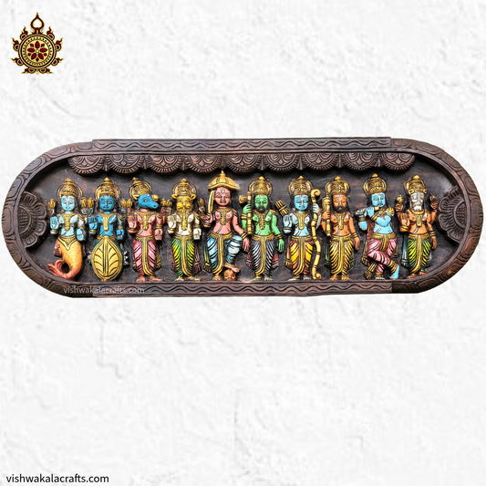 Dasavatharam multicolour Handcarved wooden wall panel – Traditional Hindu Art Decor