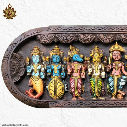 Dasavatharam multicolour Handcarved wooden wall panel – Traditional Hindu Art Decor