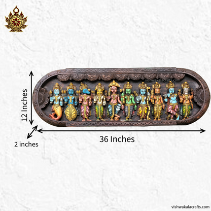 Dasavatharam multicolour Handcarved wooden wall panel – Traditional Hindu Art Decor