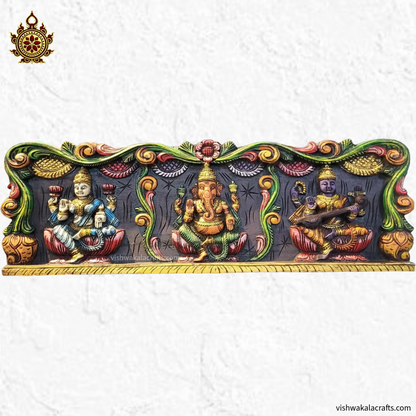 Lakshmi Ganesha Saraswathi Wooden wall Panel Handcarved