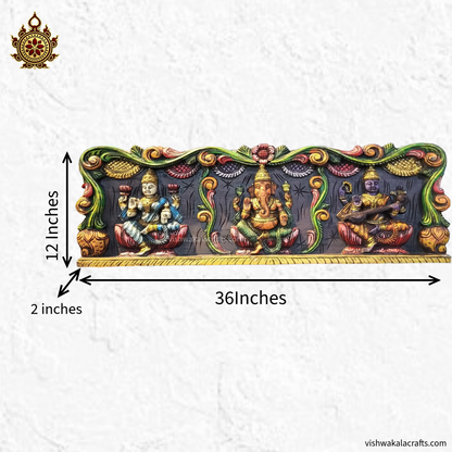 Lakshmi Ganesha Saraswathi Wooden wall Panel Handcarved