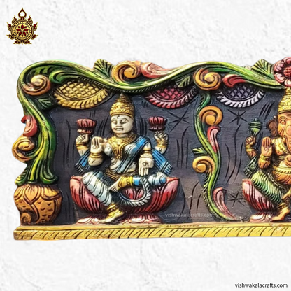 Lakshmi Ganesha Saraswathi Wooden wall Panel Handcarved