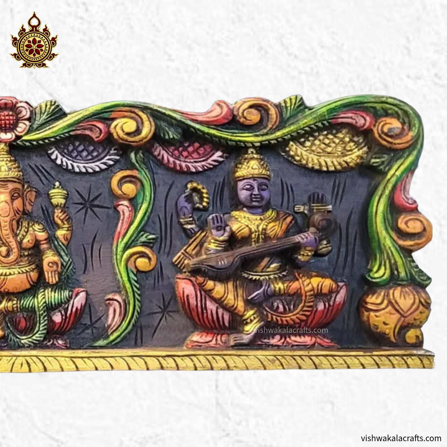 Lakshmi Ganesha Saraswathi Wooden wall Panel Handcarved