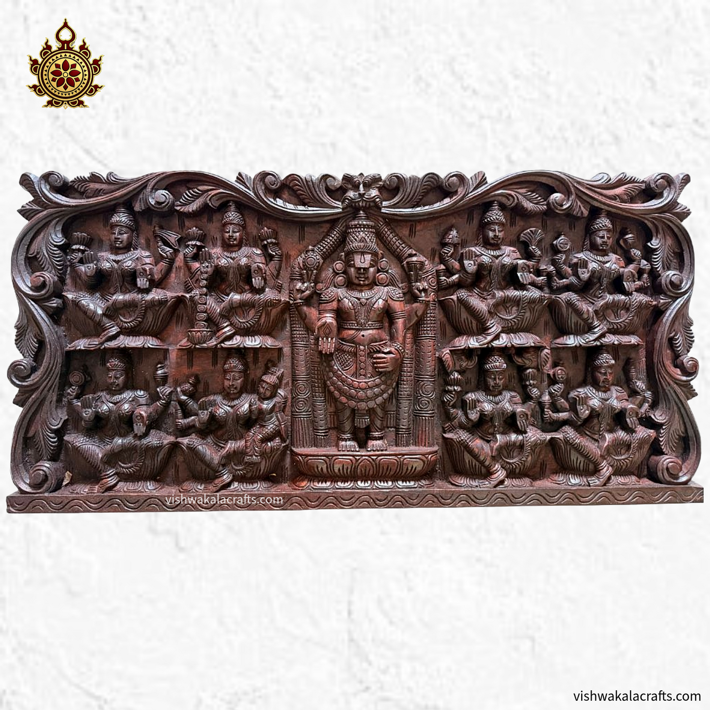 Ashtalakshmi With Balaji-Hand Carved-Wooden Wall Panel