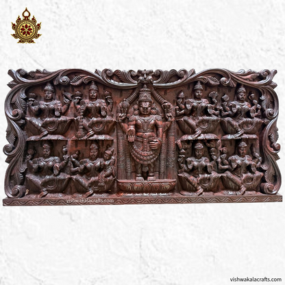 Ashtalakshmi With Balaji-Hand Carved-Wooden Wall Panel