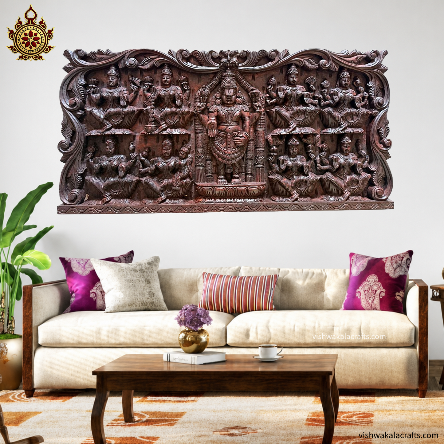 Ashtalakshmi With Balaji-Hand Carved-Wooden Wall Panel