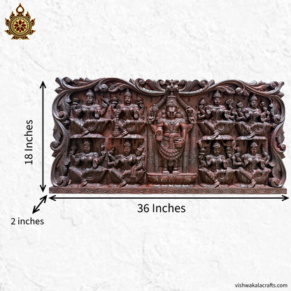 Ashtalakshmi With Balaji-Hand Carved-Wooden Wall Panel