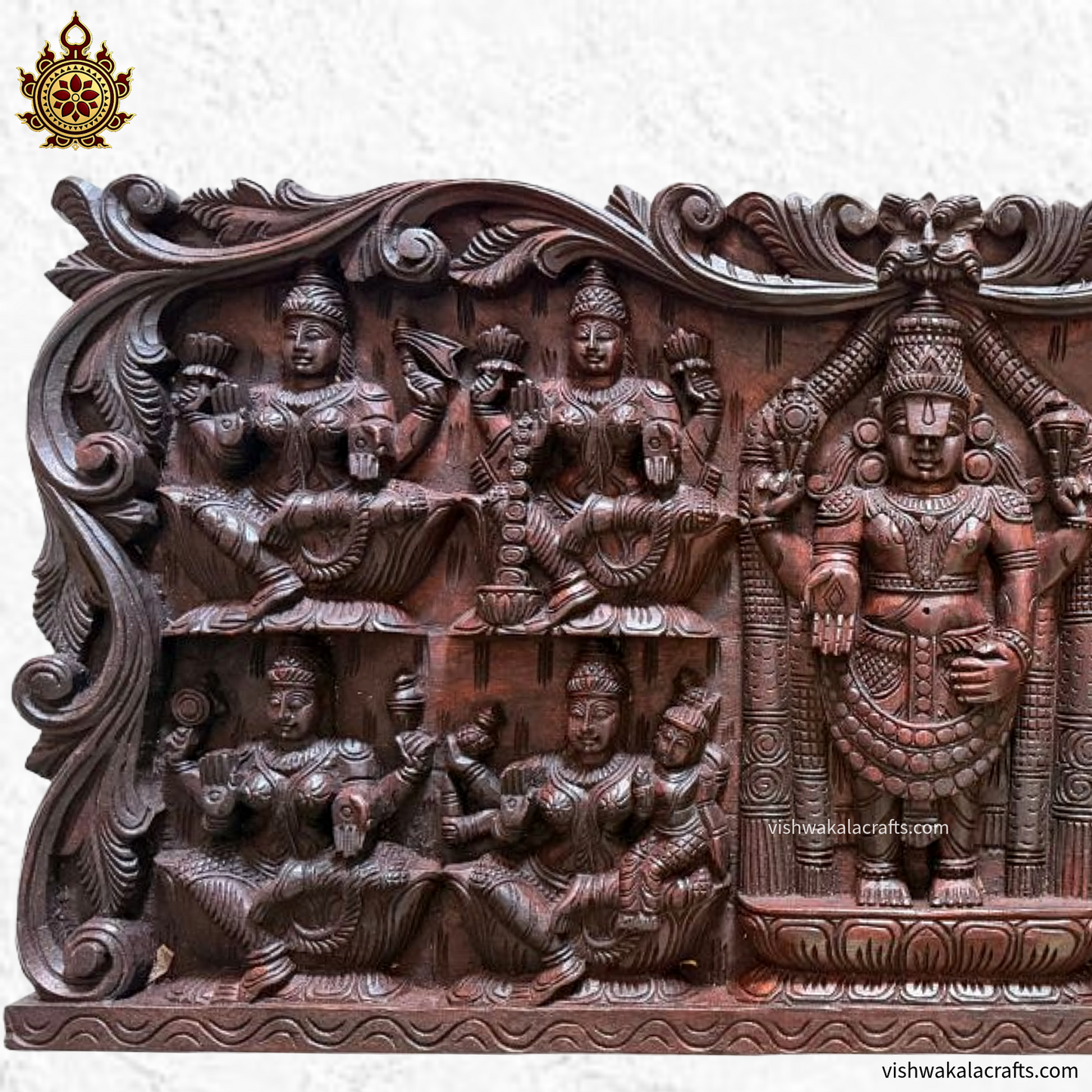 Ashtalakshmi With Balaji-Hand Carved-Wooden Wall Panel