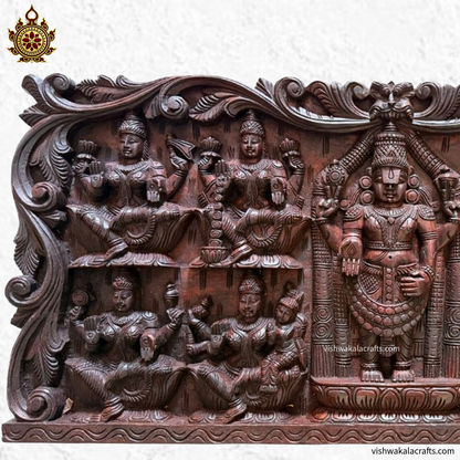 Ashtalakshmi With Balaji-Hand Carved-Wooden Wall Panel