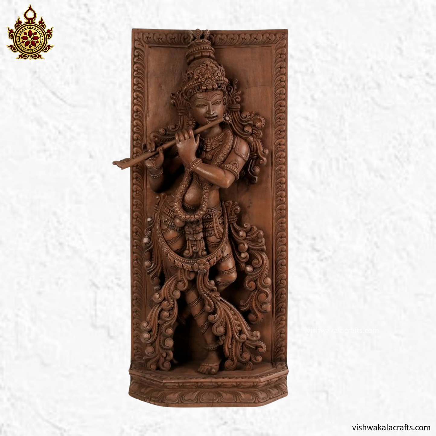 Teakwood Krishna Panel Flute Pose Hand-Carved
