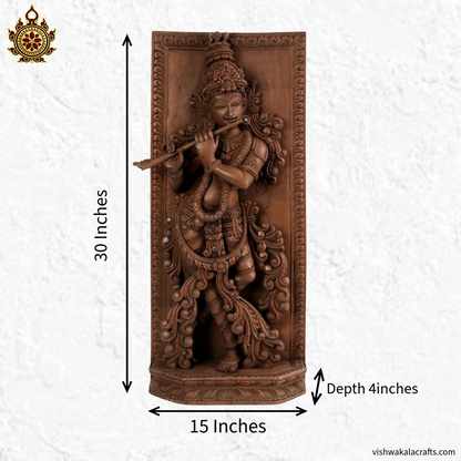 Teakwood Krishna Panel Flute Pose Hand-Carved
