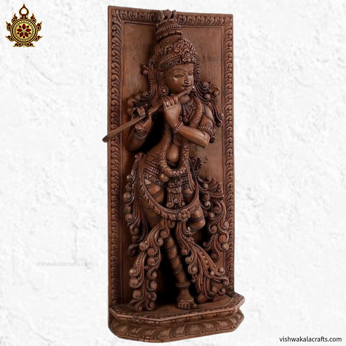 Teakwood Krishna Panel Flute Pose Hand-Carved