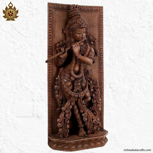 Teakwood Krishna Panel Flute Pose Hand-Carved – VishwaKala Crafts