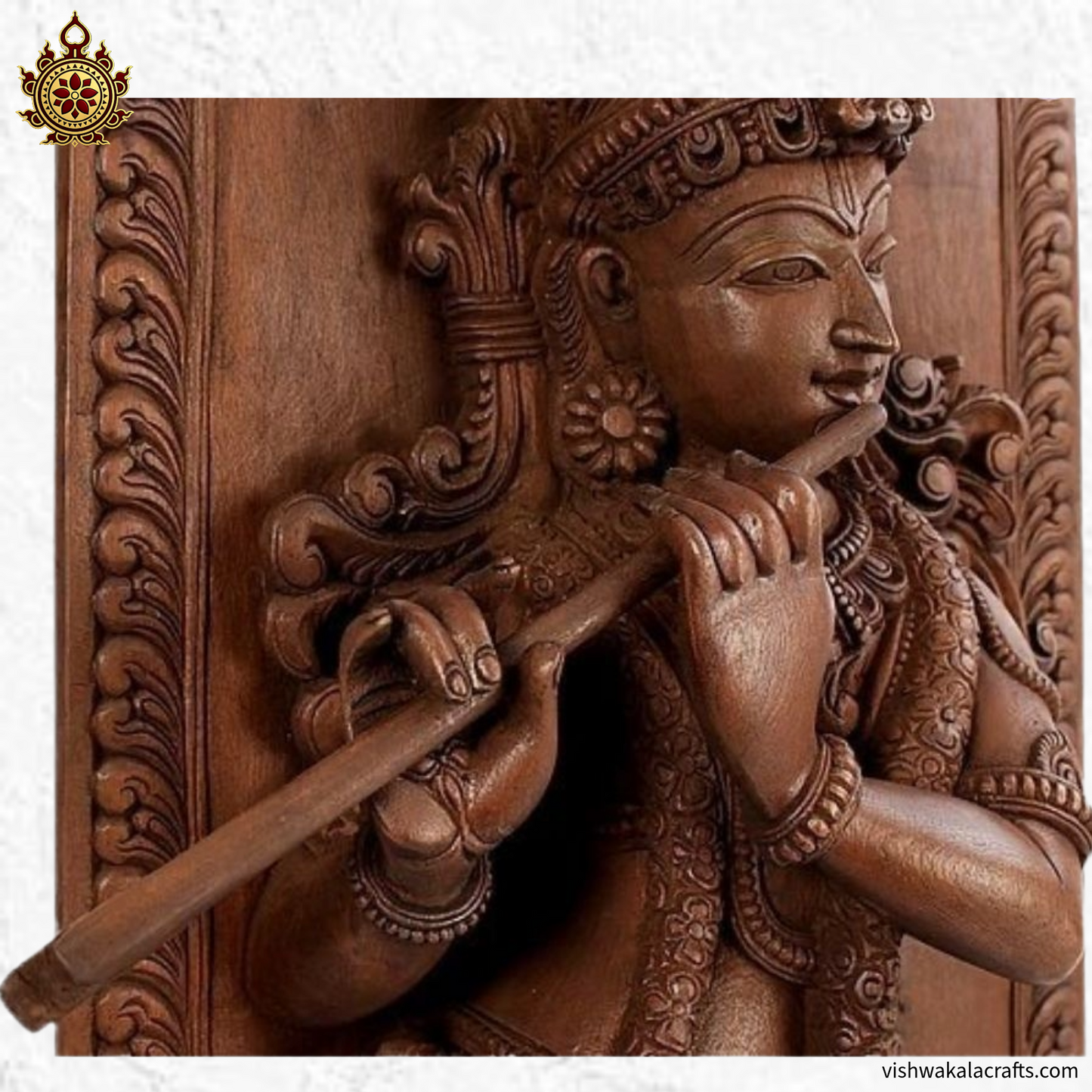 Teakwood Krishna Panel Flute Pose Hand-Carved