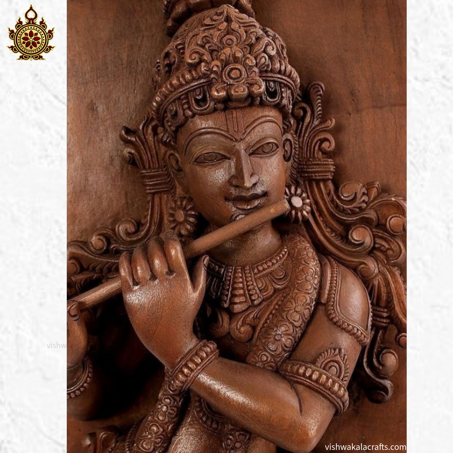 Teakwood Krishna Panel Flute Pose Hand-Carved